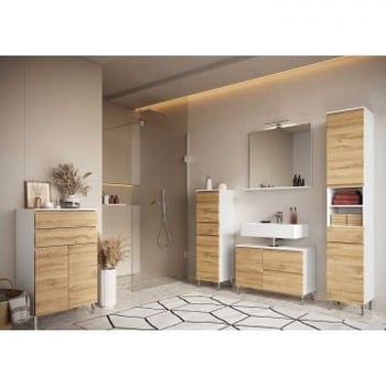 Badkamerset Torres | Wastafelkast, wandspiegel met verlichting, kolomkast, bijzetkast en multifunctionele kast | Eiken decor