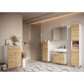 Badkamerset Torres | Wastafelkast, wandspiegel met verlichting, kolomkast, bijzetkast en multifunctionele kast | Eiken decor