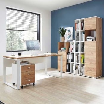 Veelzijdige bureauset Lloris | Bureautafel, ladekast, kleine en grote archiefkast | Bruin-wit