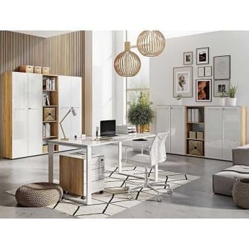 Kantoormeubelset Mouna | Bureau, ladekast, halfhoge en hoge archiefkasten en -planken | Wit
