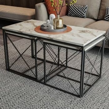 Stijlvolle Woody Fashion Salontafel Set | Melamine Gecoat | Metalen Poten | Wit Marmer, Zwart.
