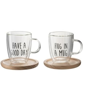 Tas op voet tekst glas/hout transparant/zwart/naturel assortiment van 2