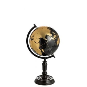Wereldbol op voet hout zwart/goud medium
