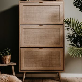 Schoenenkast Bilal 70cm 3 deuren - eik/geprint rafia