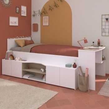 Kinderbed Clio 90x200 met opbergruimte en bureau - wit/eikdecor