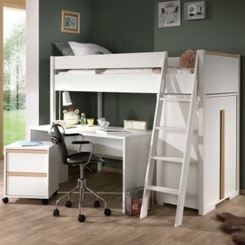 Hoogslaper London 90x200 met kast, bureau en ladeblok - wit