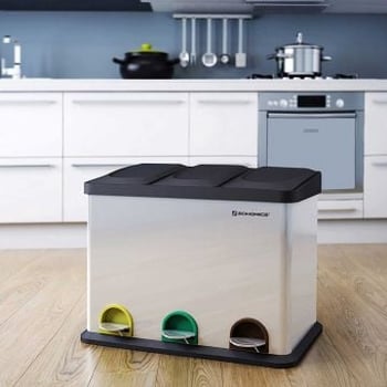Recyclingbak 45L, pedaal, 3x15L, roestvrij staal, zilver en zwart
