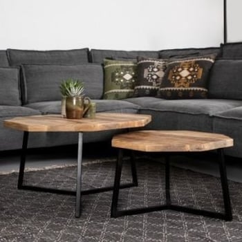 Tweede kans Set van 2 salontafels Urban achthoek – mangohout/zwart gepoedercoat ijzer