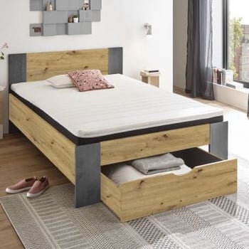 Bed Rudi 140x200 met 1 lade - oude eik/beton 