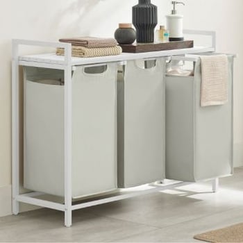 Wasmanden met plank Polly | Drie compartimenten | 92,5 x 33 x 72 cm | Wit