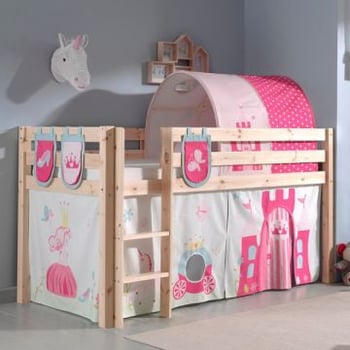 Halfhoogslaper Charlotte met bedtent, -tunnel & opbergzakjes Princess II - dennenhout
