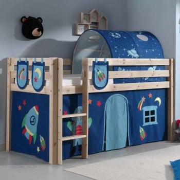 Halfhoogslaper Charlotte met bedtent, -tunnel & opbergzakjes Astro - dennenhout