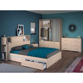 Slaapkamerset Ekko | Twijfelaar, hoofdbord met opbergruimte, nachtkastje, kledingkast, commode | Oak design