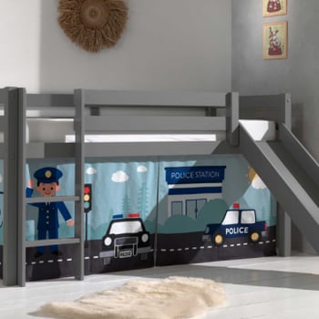 Halfhoogslaper met glijbaan Astrid met bedtent Police - grijs