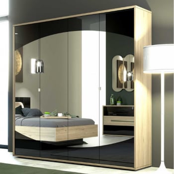 Kledingkast Avalon 200cm met spiegel 4 deuren - eik/zwart