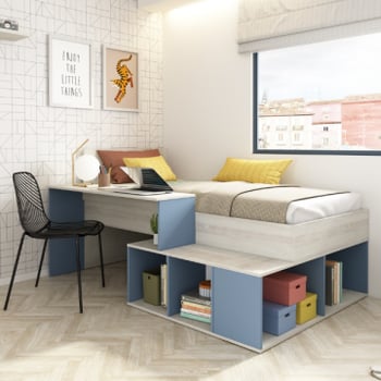 Bed Quinn 90x200 cm met bureau en opbergruimte - grenen/ blauw