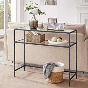 Moderne consoletafel met stalen frame en gehard glazen planken, voor woonkamer/hal