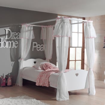 Hemelbed Amori 90x200cm (incl. lattenbodem) met bedlade en voile-wit