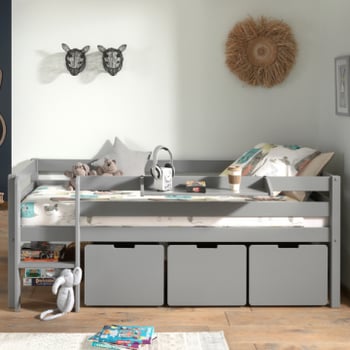 Halfhoogslaper Pip 90x200 cm met 3 lades en 1 hangplank-grijs