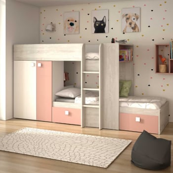 Stapelbed Beau (lattenbodem onderste bed niet inbegrepen) - roze/wit