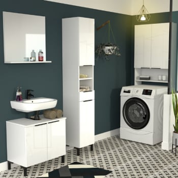 Badkamer Glam: kolomkast, wastafelonderkast, spiegel, wasmachinekast - hoogglans wit