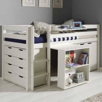 Halfhoogslaper Charlotte met legplankje, bureau, commode en ladekast - wit