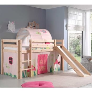 Halfhoogslaper met glijbaan Astrid met bedtent & bedtunnel Spring - dennenhout