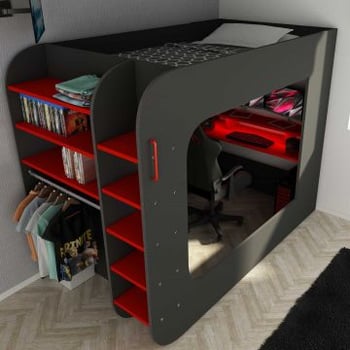 Hoogslaper Graham met gamebureau 120x200cm - antraciet/rood