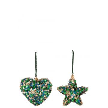 Hanger hart/ster pailletten groenblauw/goud assortiment van 2