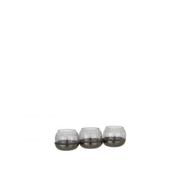 Theelichthouder 3 bol craquele glas/stainless steel zwart