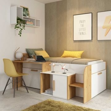 Halfhoogslaper Sacha met bureau - 206x135x90 cm - Wit/eik 