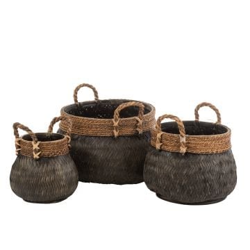 Set van 3 manden+handvat bol bamboe+touw zwart
