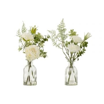 Boeket rozen/eustoma in vaas+kunstwater plastiek groen/wit large assortiment van 2