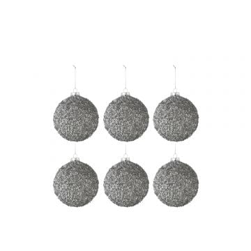 Doos van 6 kerstballen glitter glas smokey grijs small