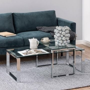 Set van 2 salontafels Nicola met glazen blad - grijs