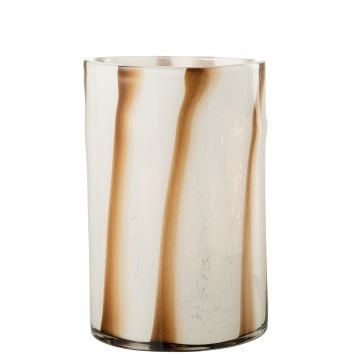 Windlicht strepen safari glas wit/bruin large
