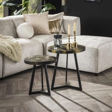 Set van 2 salontafels Glenda rond-goud/zwart teak