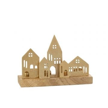 Theelichthouder huis aluminium/hout goud/naturel