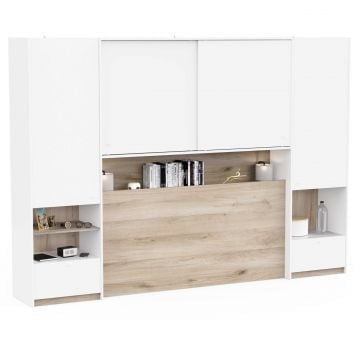 Bedbrug Waylon - 288x45x203cm - 4 deuren & 2 lades - wit/eikdecor