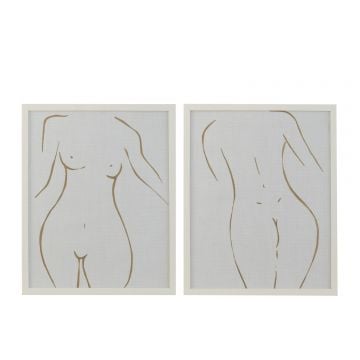 Kader lijntekening vrouw mdf/glas wit/goud assortiment van twee