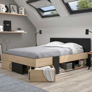 Tweepersoonsbed Swip 140x190cm, 2 lades - eik decor/zwart