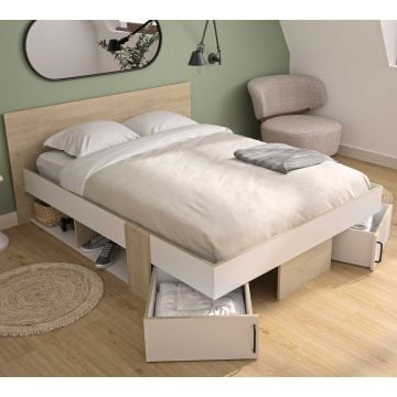 Tweepersoonsbed met opbergladen Swivel | 160 x 194 x 80 cm | Blonde Oak-design