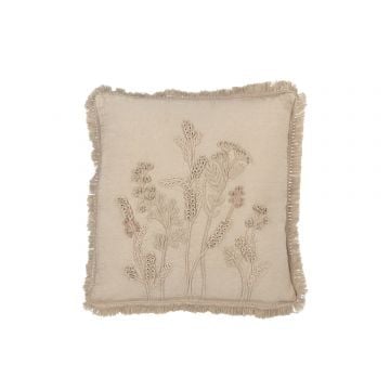 Kussen borduurwerk bloemen+franjes katoen greige