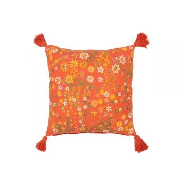 Kussen vierkant bloemen+kwastjes katoen oranje