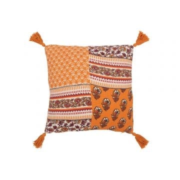 Kussen bloemen+kwastjes katoen oranje