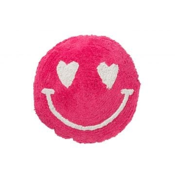 Kussen smiley getuft katoen roze/wit