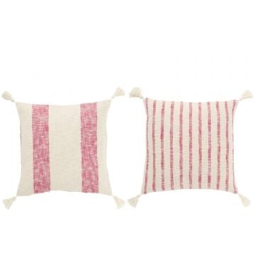 Kussen vierkant strepen+kwasten katoen wit/roze assortiment van 2