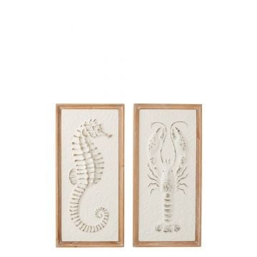 Wanddecoratie zeepaardje/kreeft  ijzer/sparhout wit/naturel assortiment van twee
