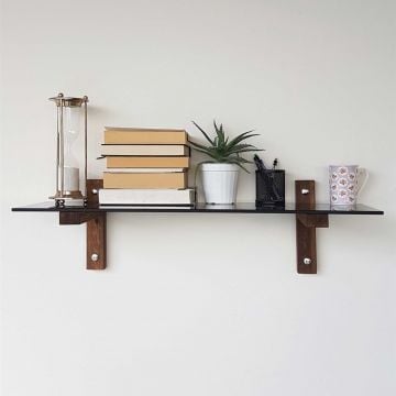 Locelso Wandplank | 8mm Gehard Glas | Massief Houten Frame | 85x25x25cm | Notenhoutdamp