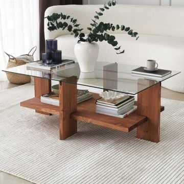 Locelso Salontafel | Massief Houten Frame | Gehard Glas | 105x40x60cm | Houten